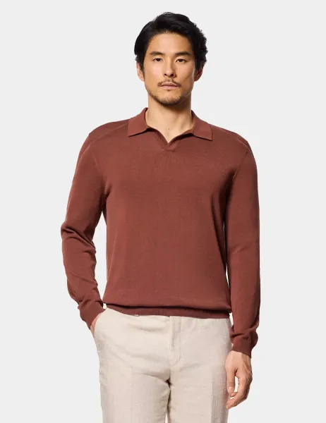 Hawes & Curtis Pure Cotton Open Collar Knitted Polo Shirt Brown