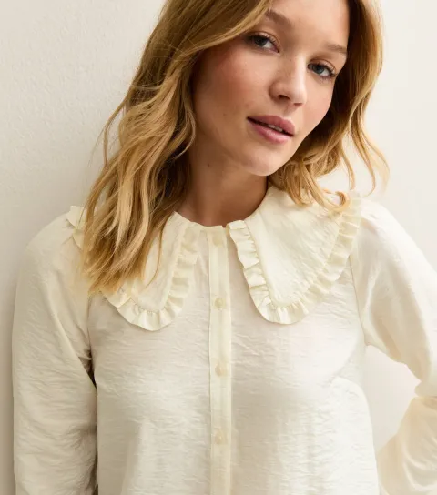 Women's Cream Crinkled Frill Collar Shirt