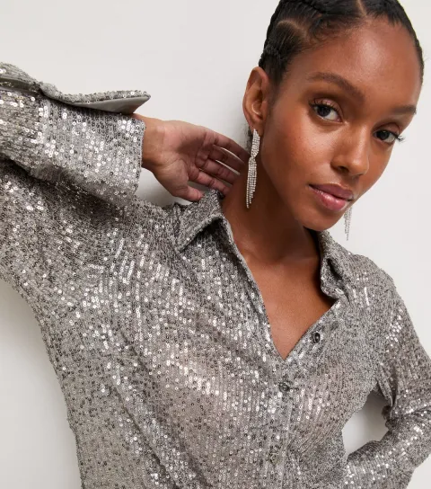 New Look Women's Silver Sequin Oversized Shirt