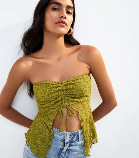 New Look Women's Light Green Lace Ruched Slit Hem Bandeau Top