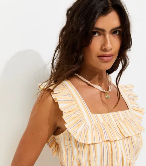 Women's Yellow Cotton Stripe Frill Crop Top