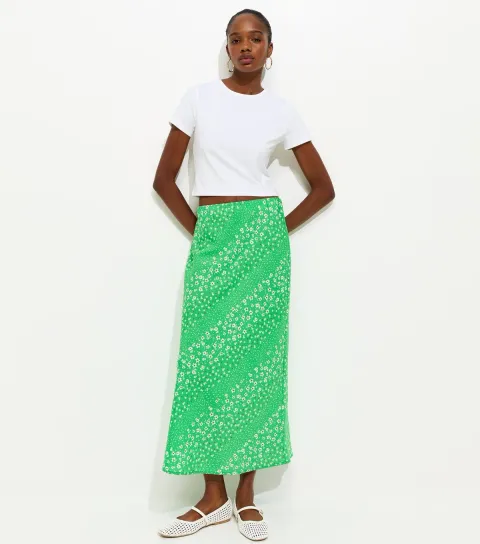 Women's Green Floral Print Crepe Bias Cut Midi Skirt
