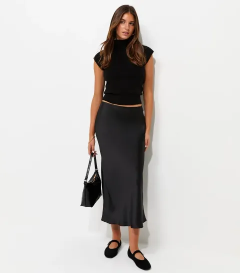 Women's Black Satin Bias Cut Midi Skirt