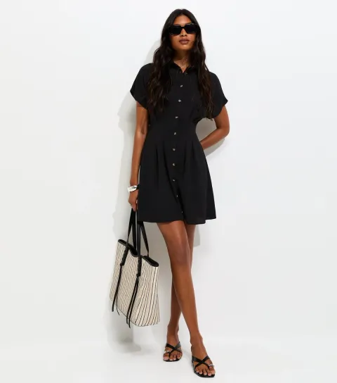 Women's Black Short Sleeve Mini Shirt Dress