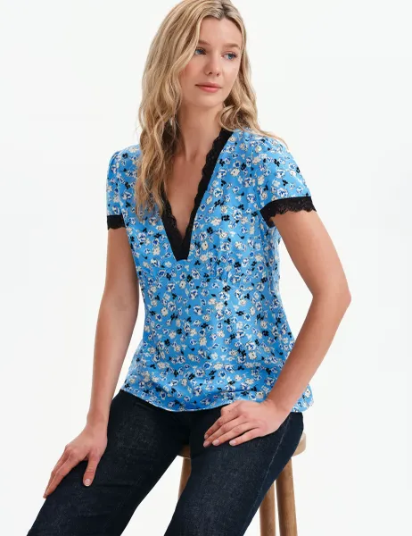 Finery London Floral Lace Trim V-Neck Top Blue Mix