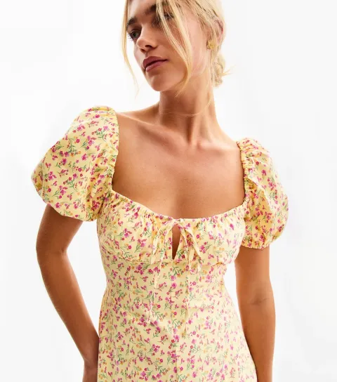 Women's Yellow Floral Print Puff Sleeve Midi Dress