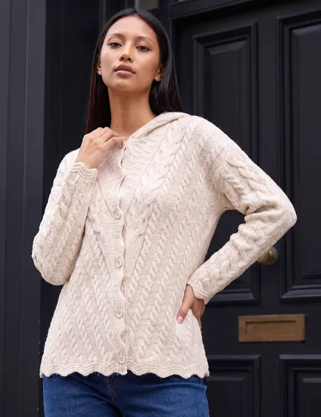 Roman Petite Cable Knit Button Front Hooded Cardigan Cream Mix