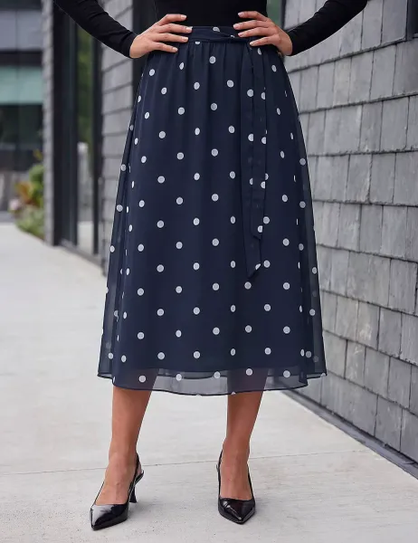 Roman Polka Dot Belted A-Line Skirt Navy Mix