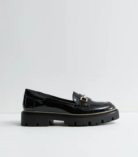 Women's Black Patent Faux Leather Chunky Chain Loafers Vegan