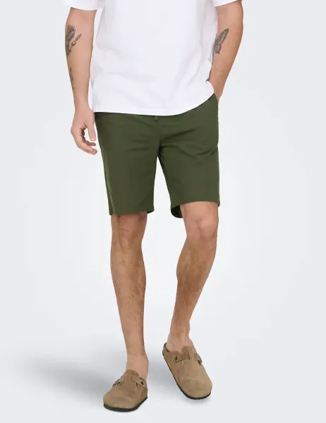 Only & Sons Slim Fit Cotton Rich Lightweight Shorts Khaki