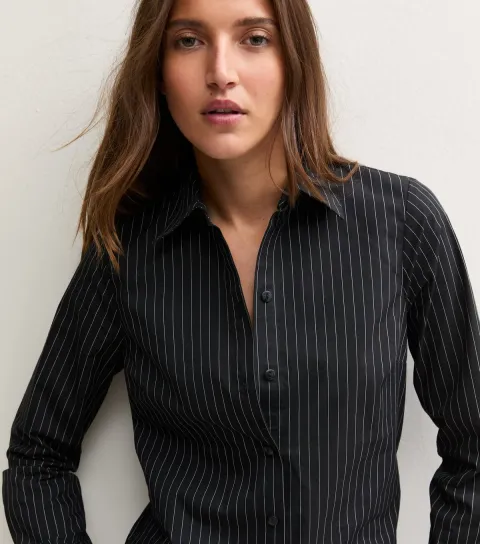 New Look Women's Black Cotton Rich Pinstriped Fitted Shirt