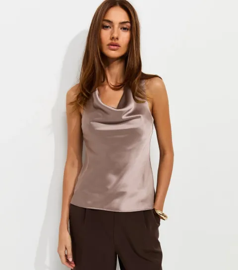 New Look Women's Mink Satin Cowl Neck Sleeveless Top