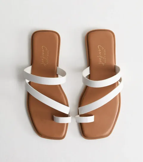 Women's White Faux Leather Multi Strap Toe Post Sandals Vegan