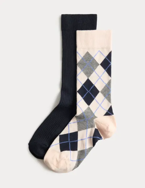 Marks & Spencer 2 Pack Argyle Crew Socks Pink Mix