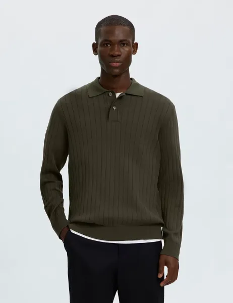 Selected Pure Cotton Ribbed Knitted Polo Shirt Olive