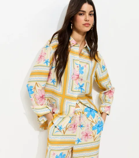 Women's Orange Relaxed Fit Tropical Print Pyjama Shirt
