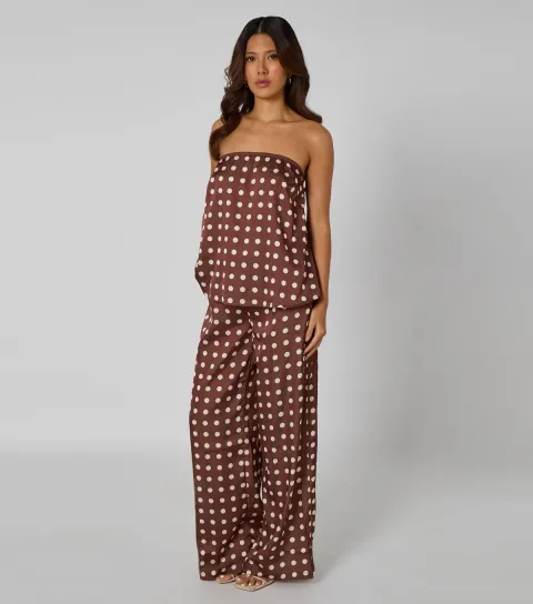 Women's Mid Brown Satin Polka Dot Trousers