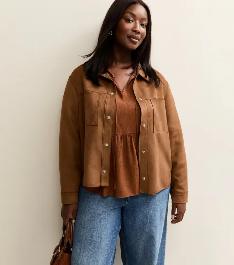 Women's Plus Size Tan Faux Suede Shacket Curves