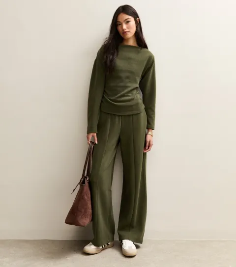 Women's Dark Khaki Soft Touch Front Seam Wide Leg Trousers
