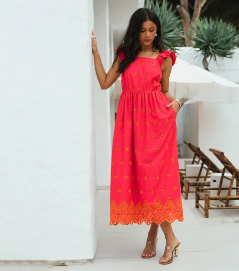 Women's Pink Ruffle Strap Broderie Embroidered Midi Dress