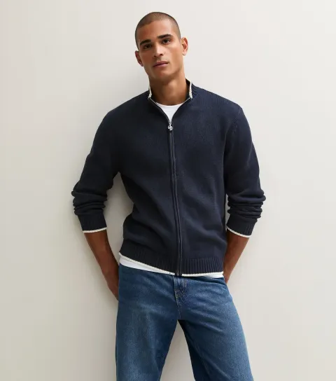 Jack & Jones Men's Navy Cotton Rich Contrast Trim Zipped Jumper