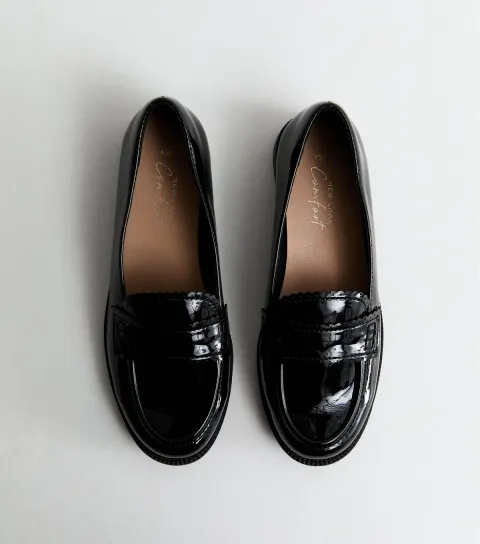 Women's Black Patent Faux Leather Scalloped Loafers Vegan