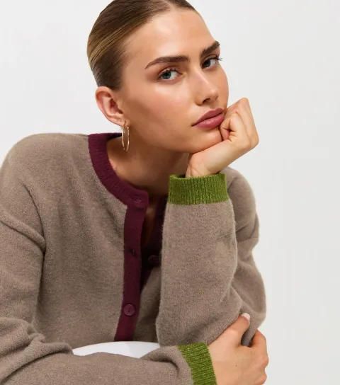 New Look Women's Brown Knitted Colour Block Trim Meet The Jean Cardigan