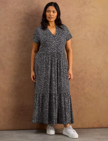 Live Unlimited London Jersey Floral V-Neck Midaxi Tiered Dress Black Mix