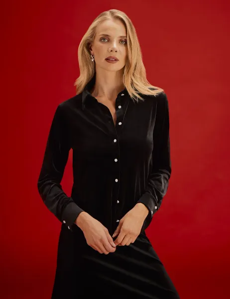 Finery London Velvet Collared Shirt Black
