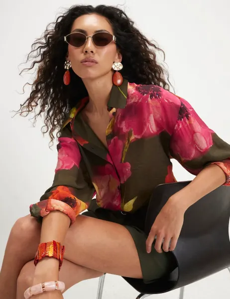 River Island Floral Relaxed Blouse Khaki Mix