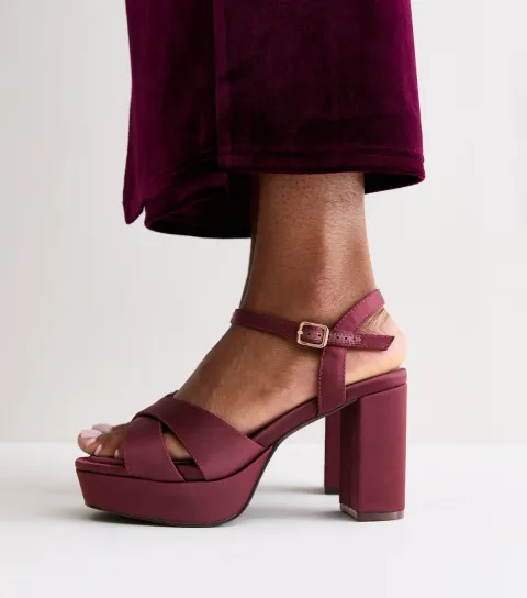 New Look Women's Wide Fit Burgundy Satin Platform Heels Vegan