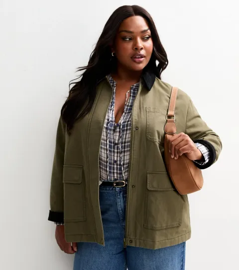 Women's Plus Size Khaki Flap Pocket Barn Jacket Curves