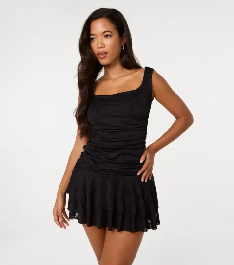 Women's Black Ruched Square Neck Mini Dress