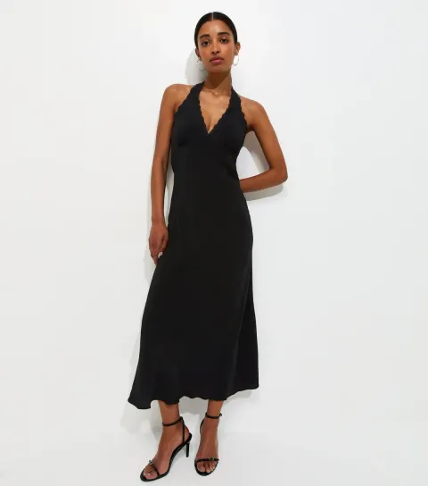Women's Black Halterneck Lace Trim Midi Dress