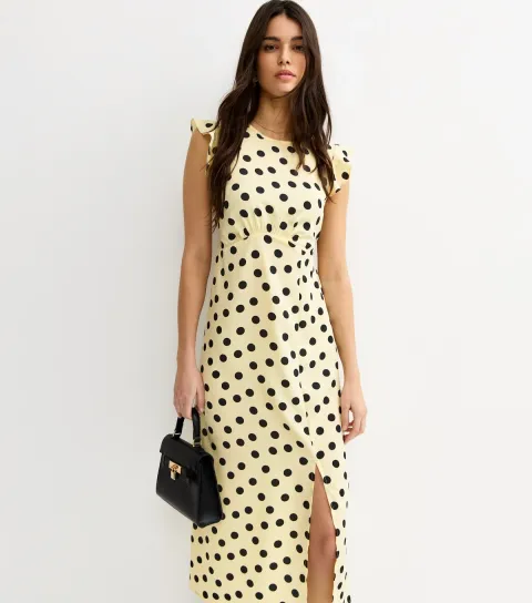 Women's Yellow Polka Dot Frilly Cap Sleeve Midi Dress