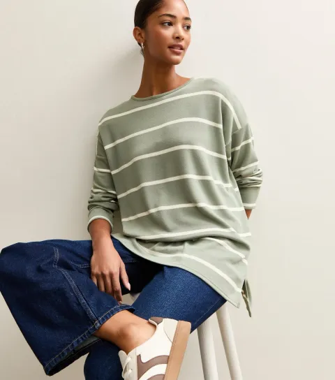 Women's Green Soft Touch Striped Long Sleeve Top