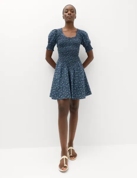 Marks & Spencer Pure Cotton Floral Mini Shirred Dress Blue Mix