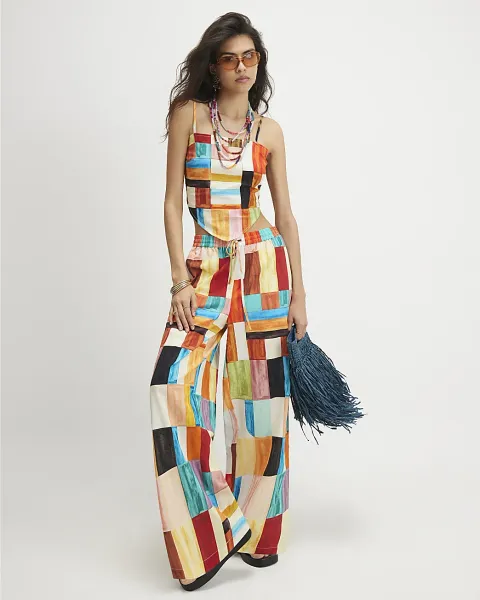 River Island Cotton Check Print Wide Leg Trousers