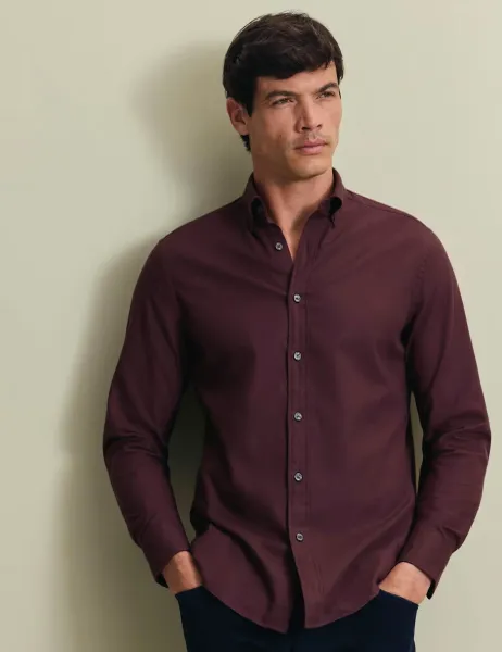 Charles Tyrwhitt Long Sleeve Brushed Cotton Flannel Shirt Burgundy