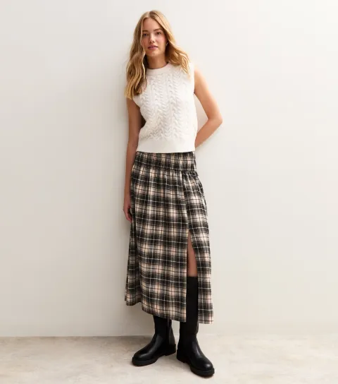 Women's Black Check Slit Hem Midi Skirt