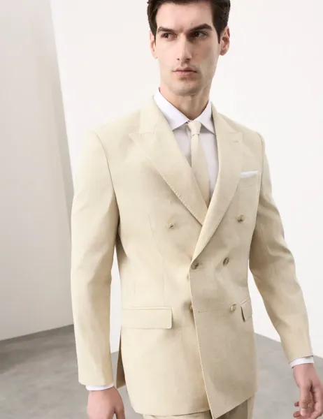 Autograph Tailored Fit Italian Performance Linen Blend Double Breasted Suit Jacket Stone