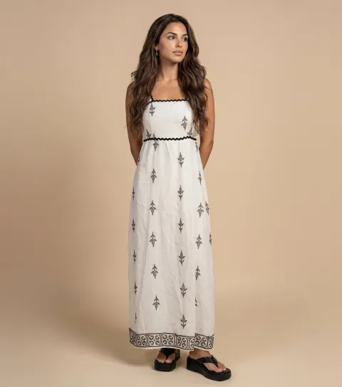 Women's Cream Embroidered Contrast Trim Dress