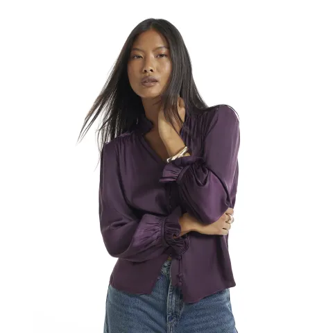 River Island Petite Burgundy Flowing Satin Button Up Top