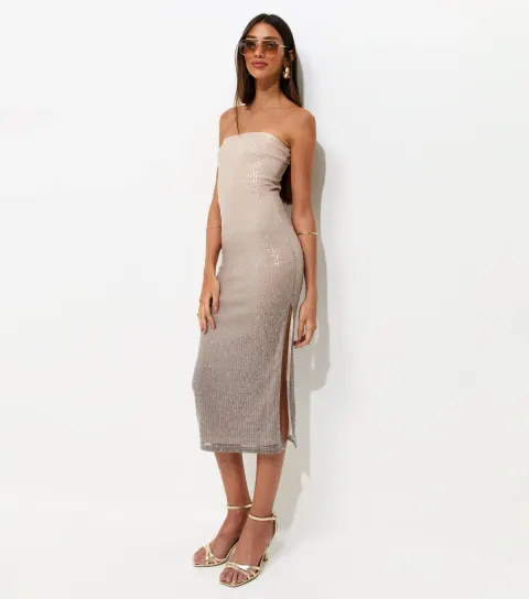 New Look Women's Mink Sequinned Bandeau Midi Dress