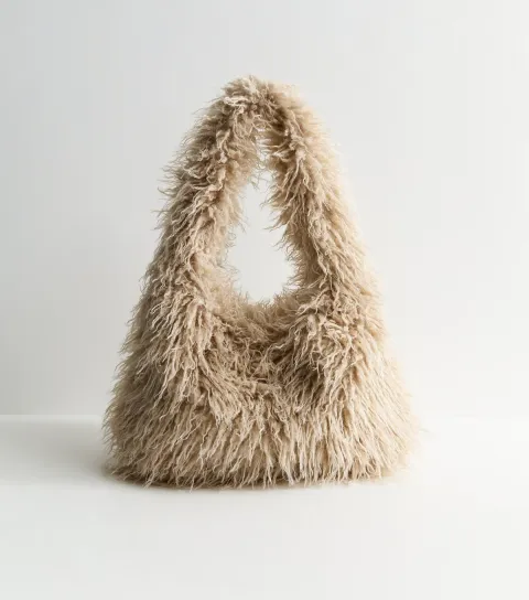 New Look Oatmeal Fluffy Faux Fur Hobo Bag
