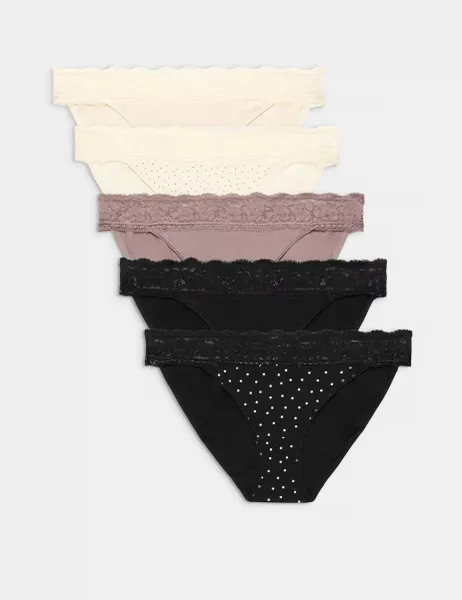 Marks & Spencer 5pk Cotton Blend Printed Bikini Knickers Praline