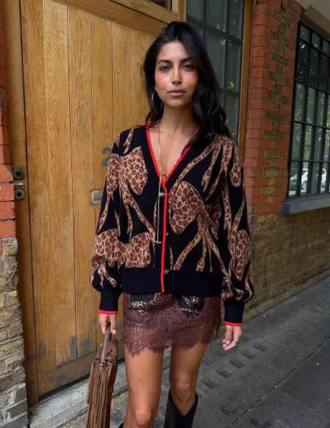 Never Fully Dressed Animal Print V Neck Relaxed Cardigan Black Mix