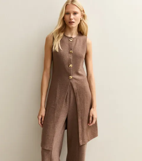 Women's Brown Soft Touch Longline Button Up Waistcoat