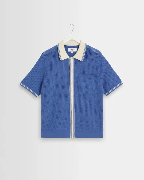 Belle - Blue Tipped Pointelle Polo Shirt