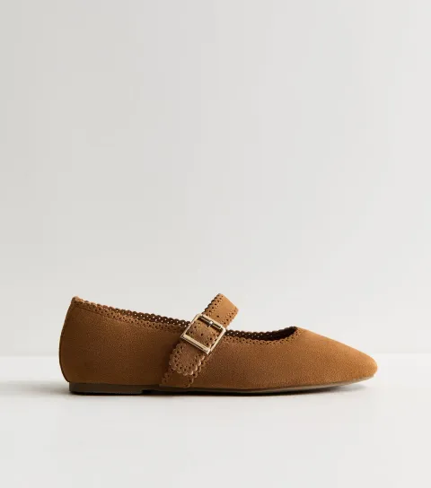 Women's Premium Real Suede Tan Faux Scallop Edge Mary Jane Flats Vegan